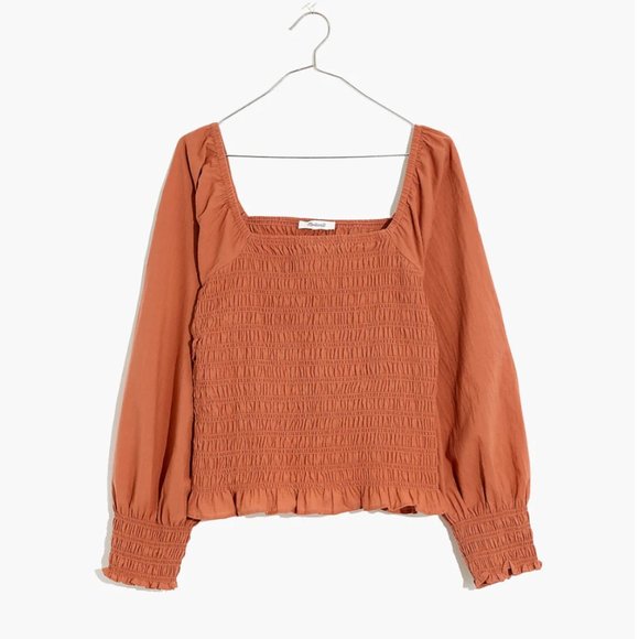 Madewell Lucie Bubble-Sleeve Smocked Top in Warm Umber Rust - Picture 2 of 7